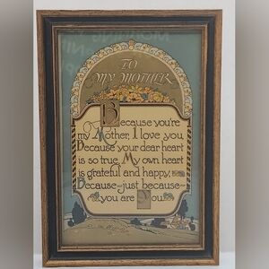 Vintage Framed Print "To My Mother" Poem 7in. X 5in. Retro Art Deco
